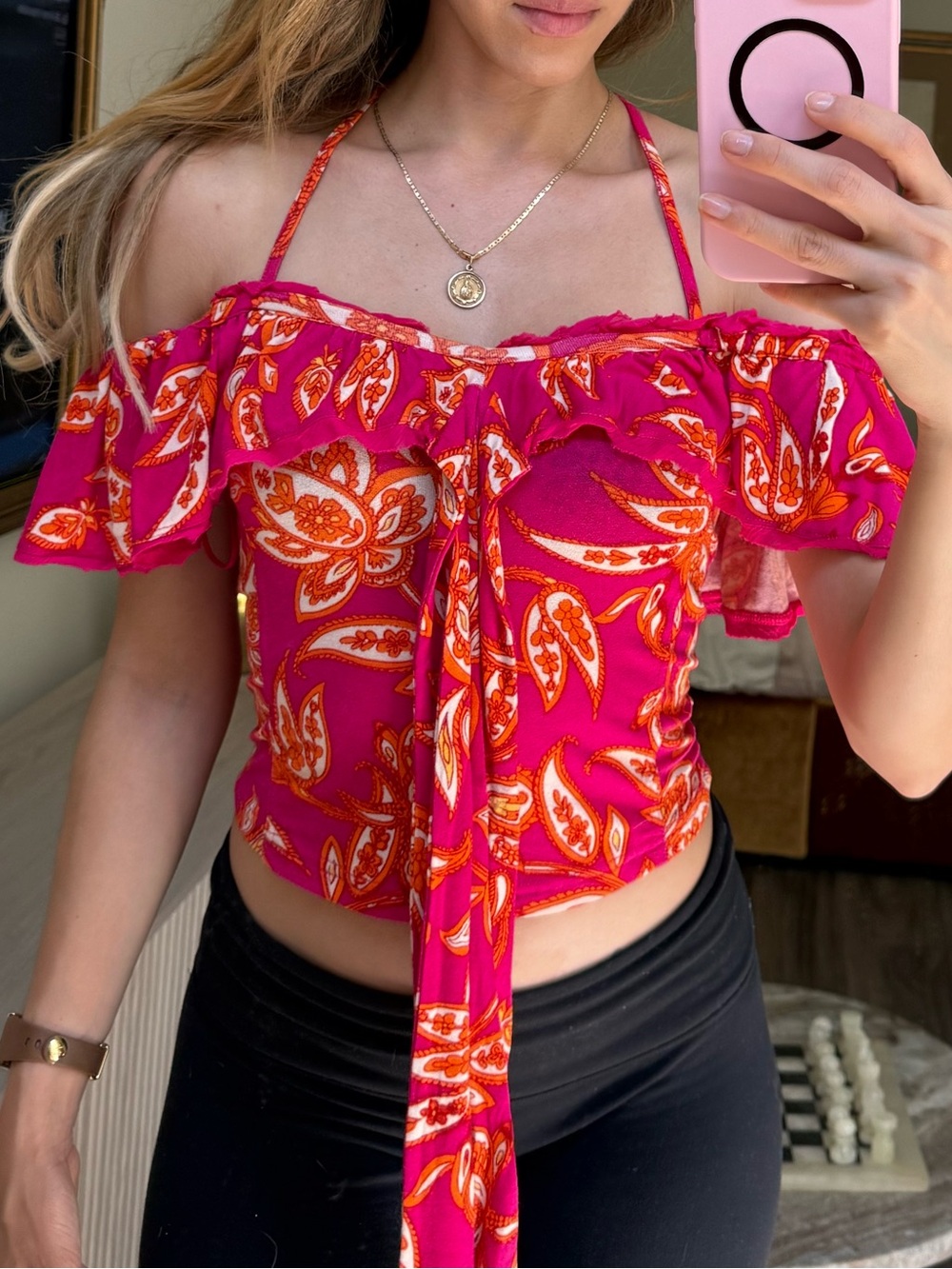 Free People Off Shoulder Halter Crop Top Pink Orange Paisley Boho XS